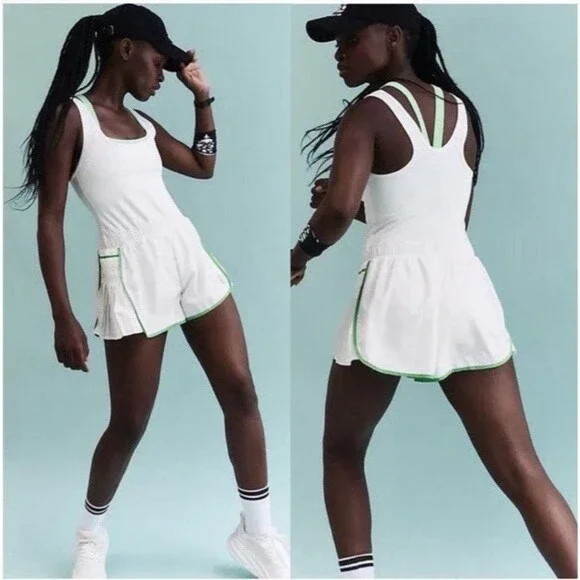 FP Movement Easy Tiger Shortsie Romper Tennis Pickleball Boho White Green XL